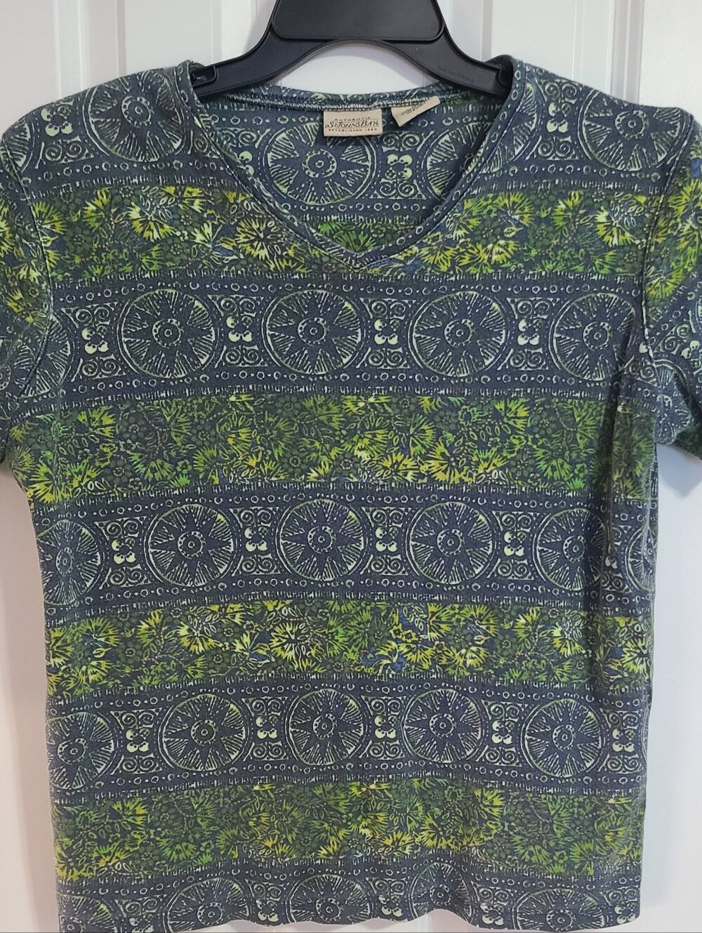 St. John's Bay Short Sleeve V-Neck Top in Blue and Green Print